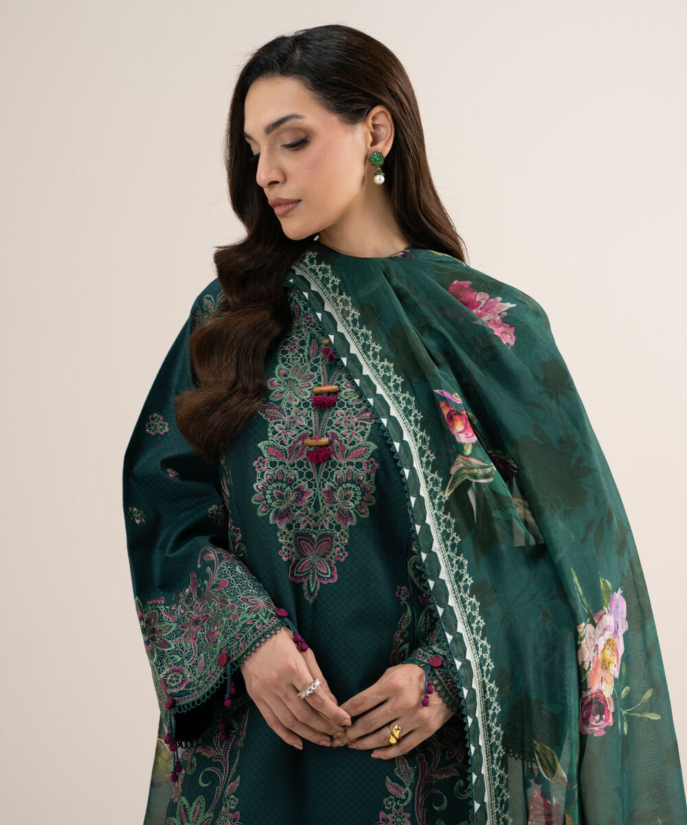 Women's Unstitched Embroidered Dobby Green 3 Piece Suit