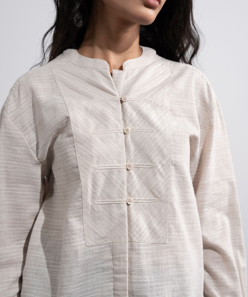 Women's Off White Textured Shirt With Yoke Detail