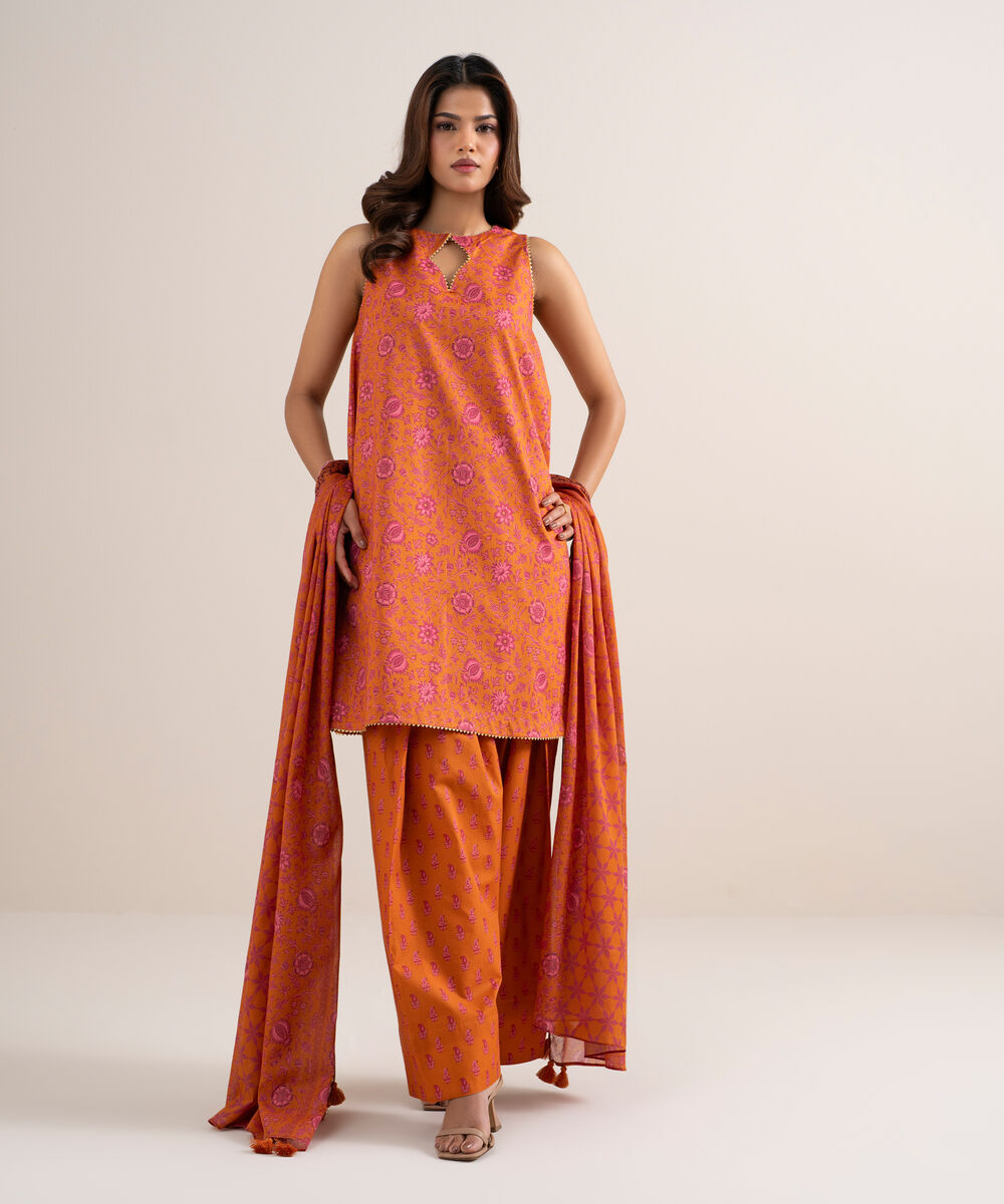 Women's Unstitched Lawn Printed Peach 3 Piece Suit