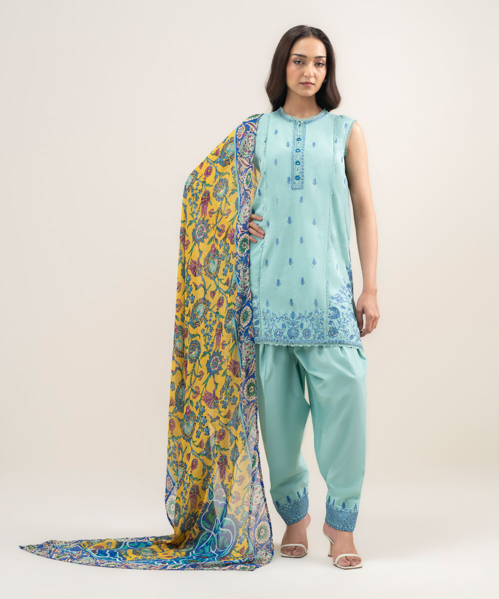 Women's RTW Dobby Embroidered Turquoise 3 Piece Suit