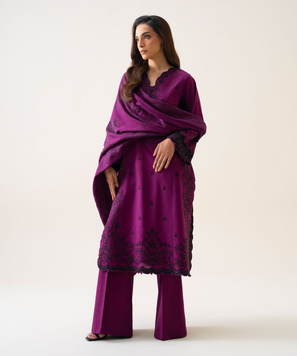 Women's Unstitched Light Khaddar Embroidered Plum 3 Piece Suit
