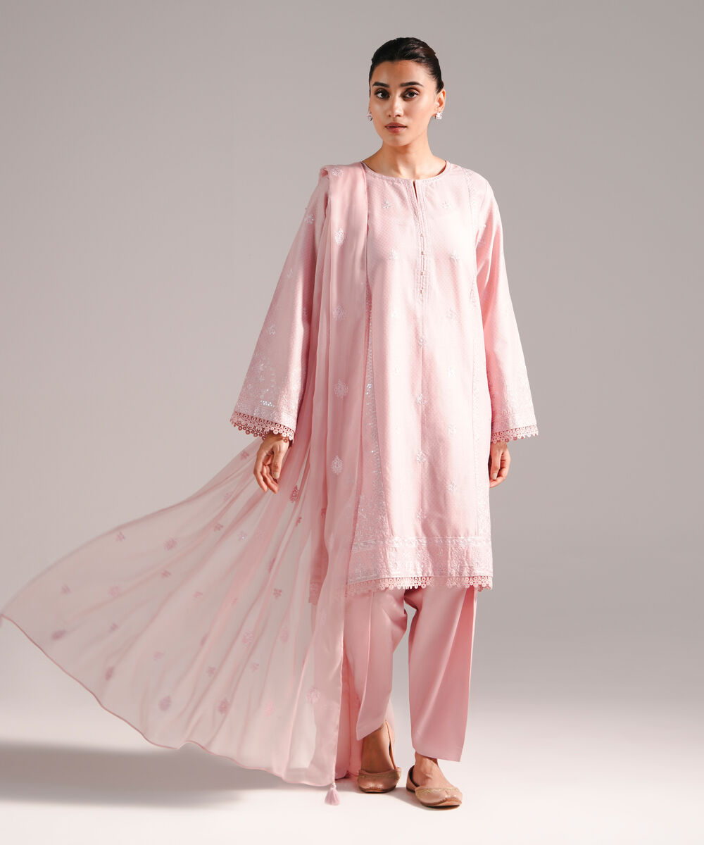 Women's RTW Dobby Embroidered Light Pink 3 Piece Suit