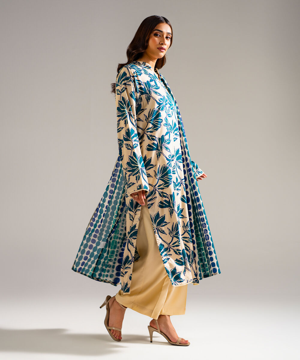 Women's RTW Arabic Lawn Printed Off White 3 Piece Suit