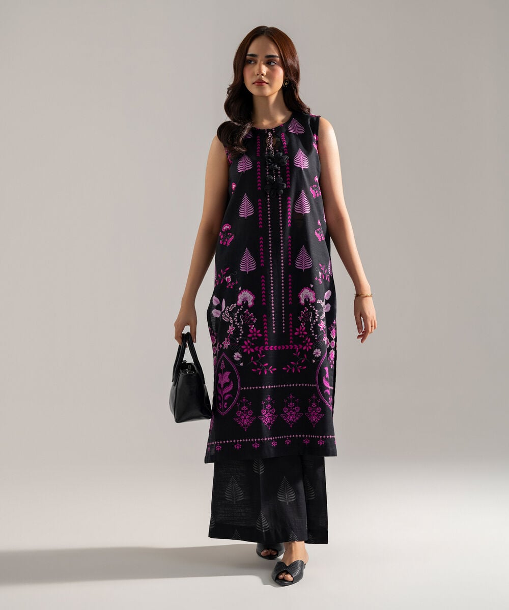 Women's RTW Printed Black Khaddar A-Line Shirt