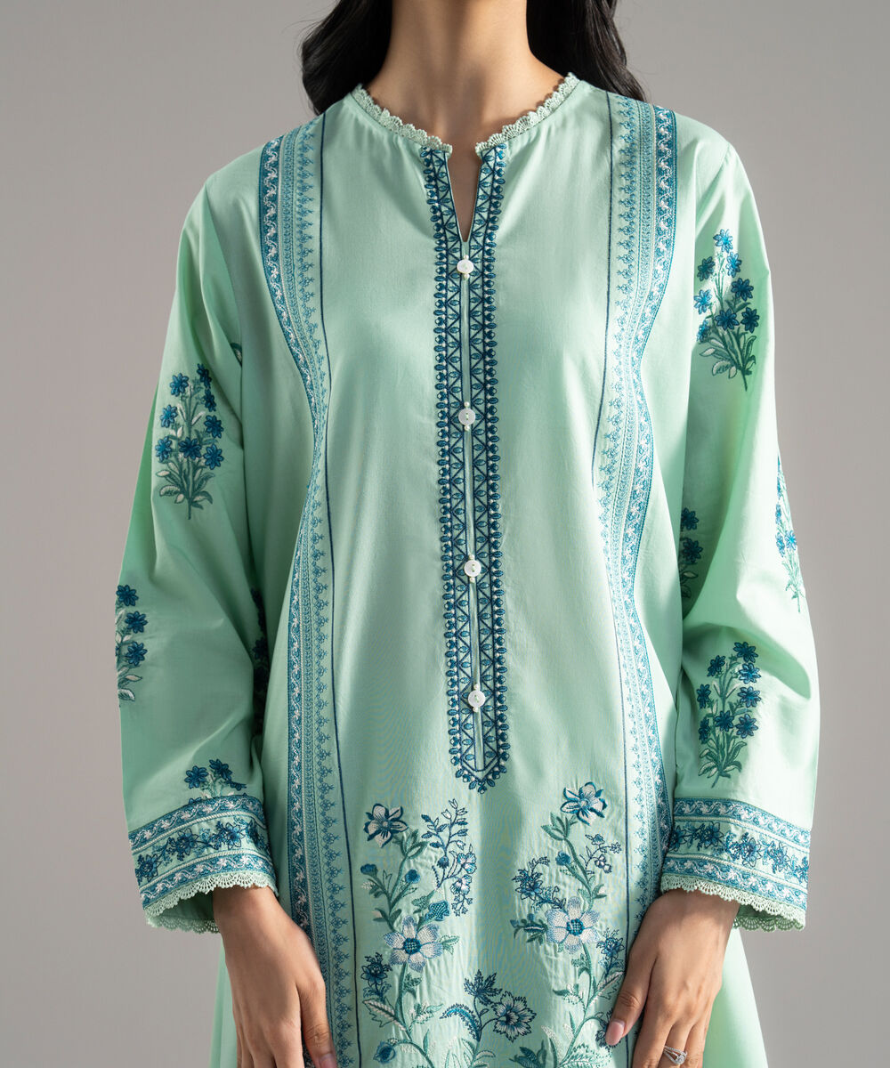 Women's RTW Solid Embroidered Cambric Green A-Line Shirt