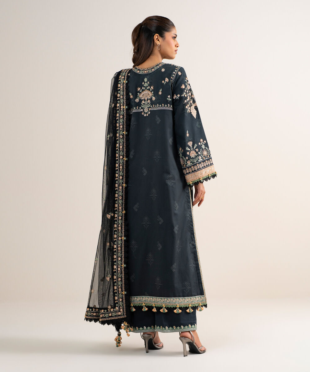 Women's Unstitched Fine Cotton Satin Embroidered Black