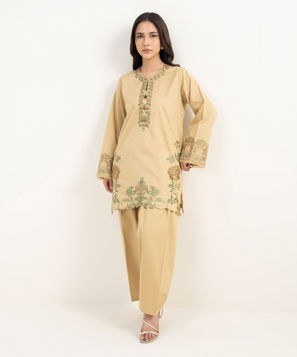 Women's RTW Self Jacquard Embroidered Beige Straight Shirt