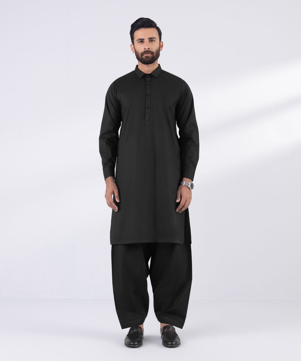 Men's 100% Cotton Stitched Plain Black Stitched Suit