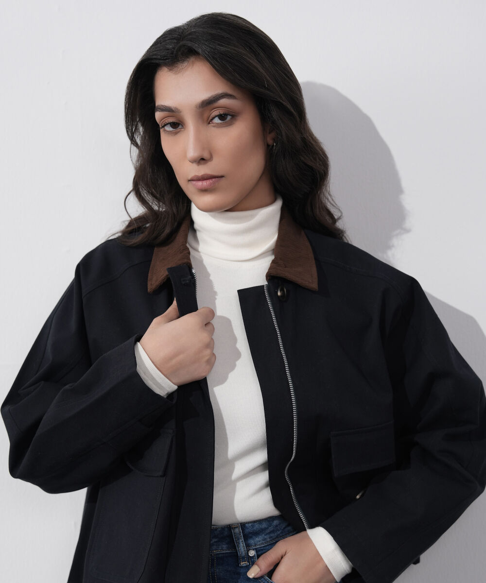 Women's Western Wear Navy Corduroy Collar Twill Jacket