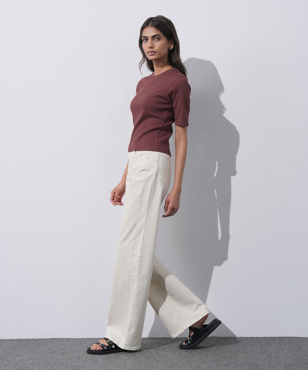 Women's Western Wear Brown Slim-Fit Ribbed T-Shirt