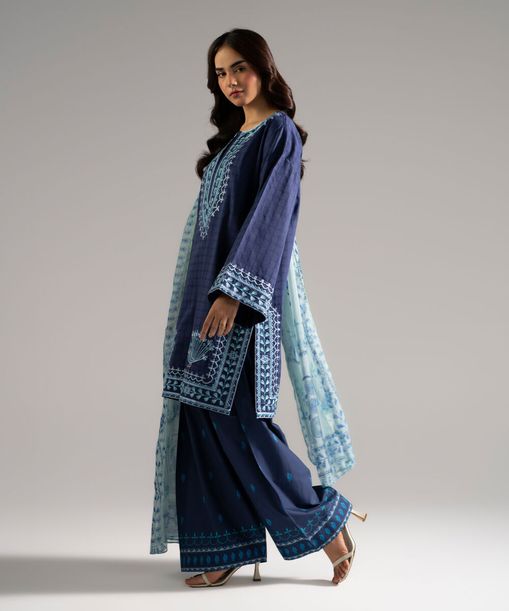 Women's RTW Dobby Embroidered Blue 3 Piece Suit