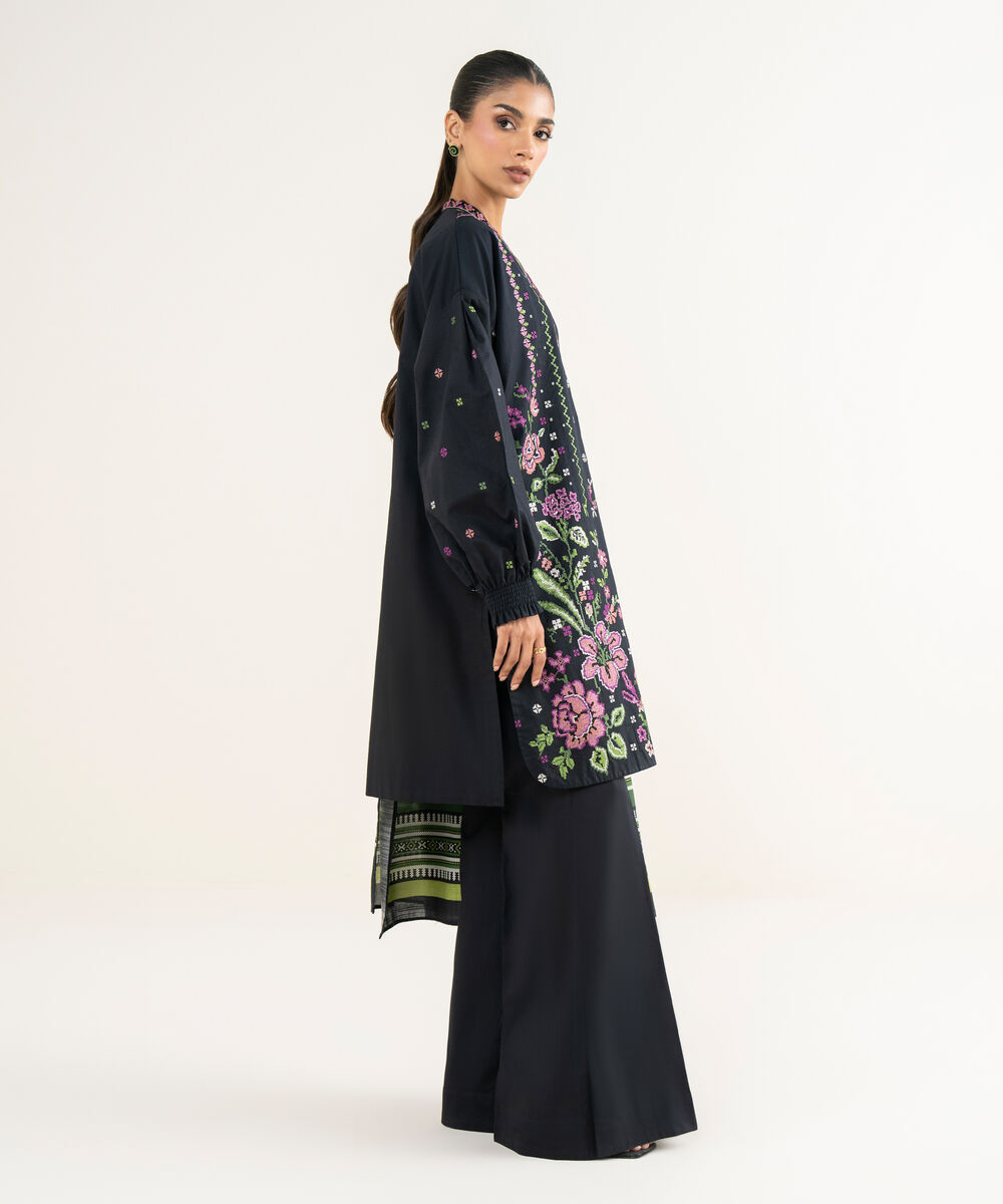 Women's Unstitched Cross Hatch Embroidered Black 3 Piece Suit