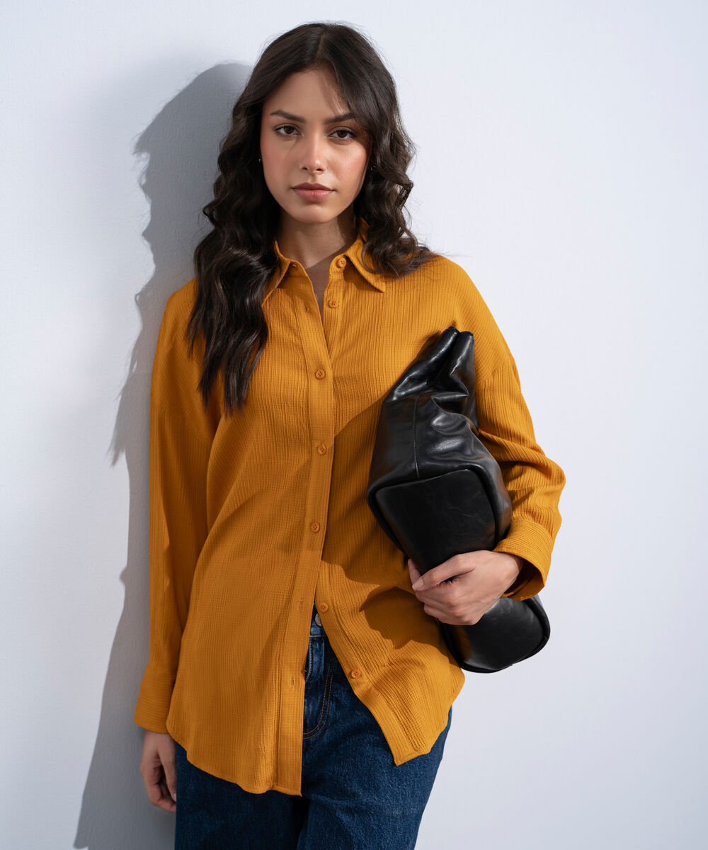 Women's Western Orange Button Through Seersucker Shirt