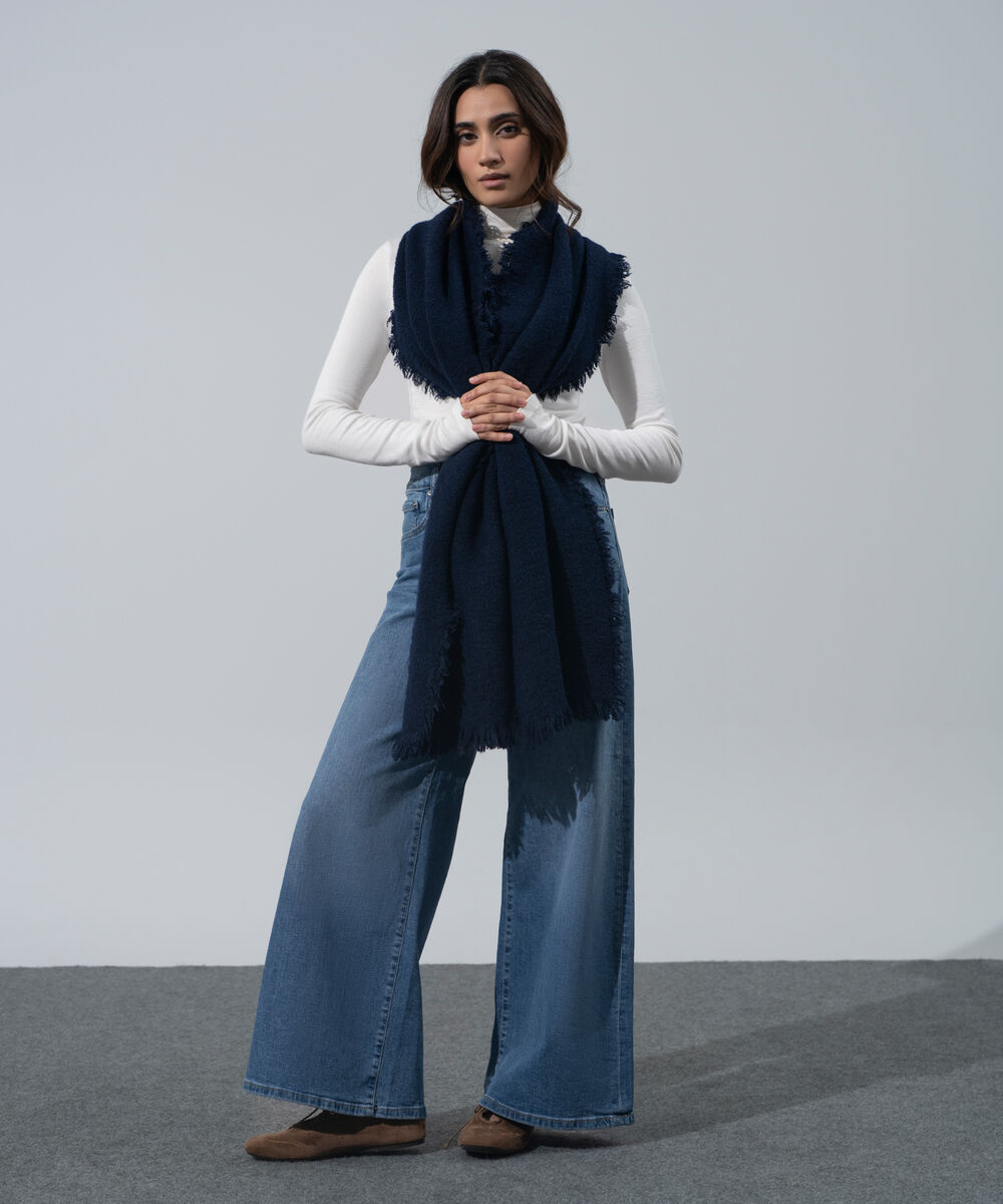 Women's Western Wear Navy Blue Polyester Solid Woolen Scarf