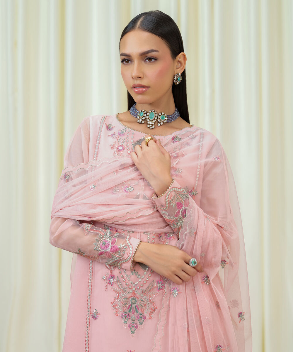 Women's Unstitched Blended Organza Embroidered COREL PEACH 3 Piece Suit