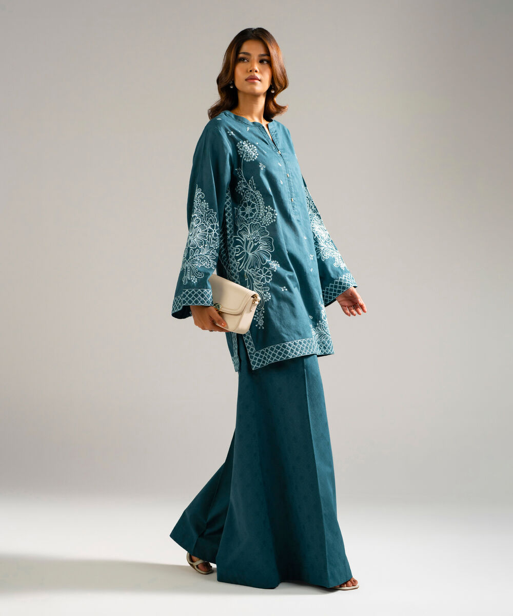 Women's RTW Self Jacquard Embroidered Teal 2 Piece Suit