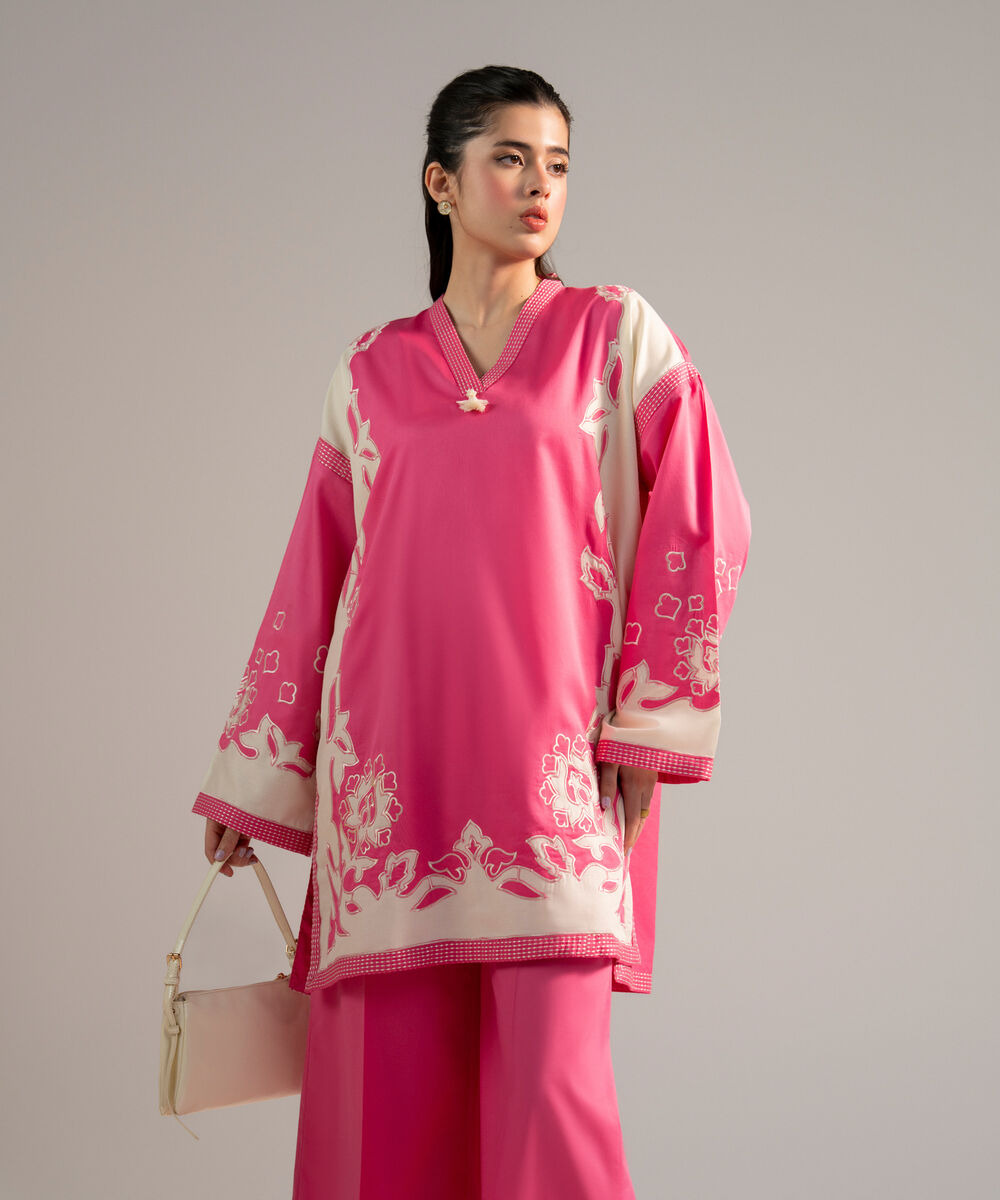 Women's RTW Cotton Satin Embroidered Pink 2 Piece Suit