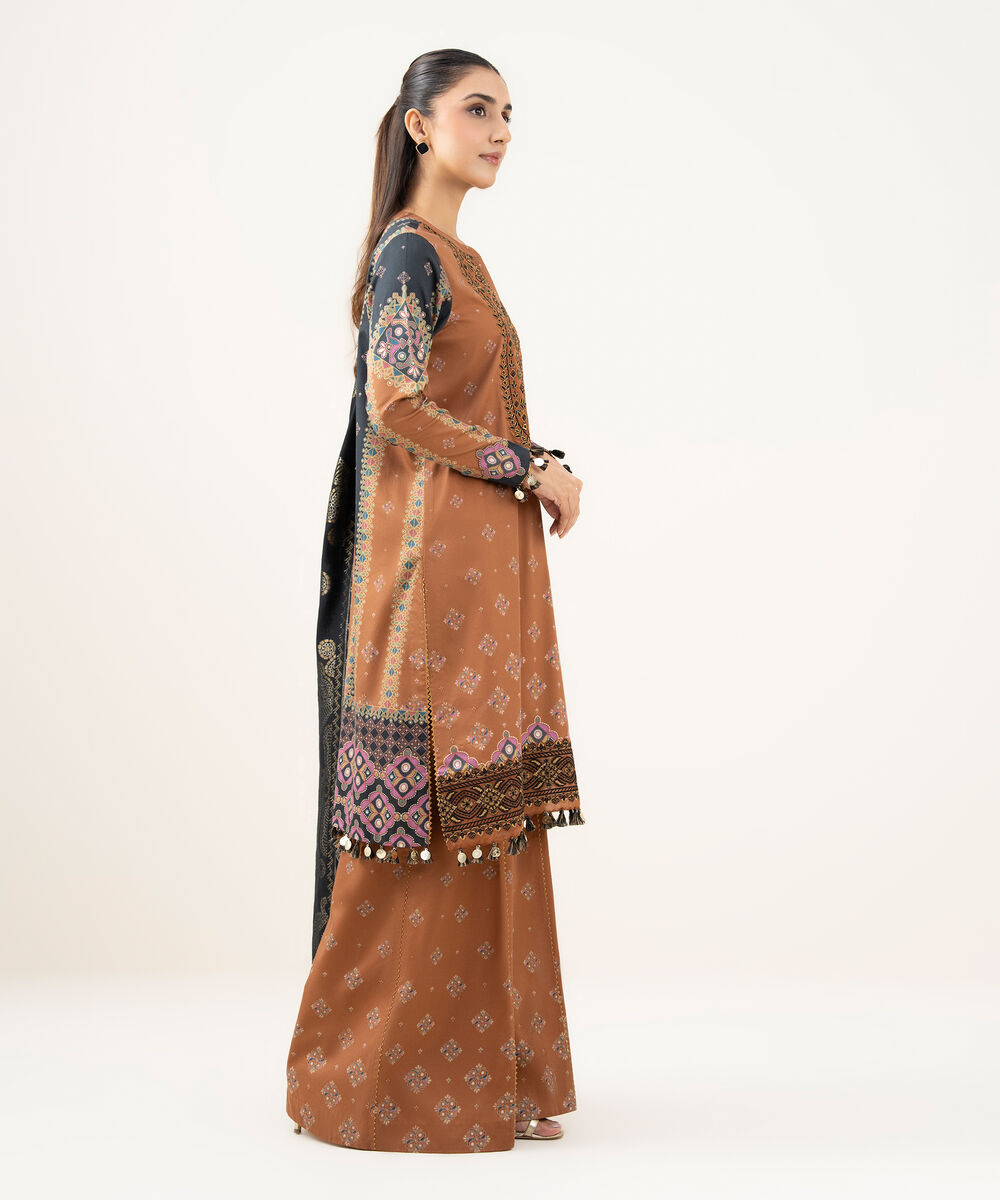 Women's Unstitched Fine Cotton Satin Embroidered Brown  3 Piece Suit