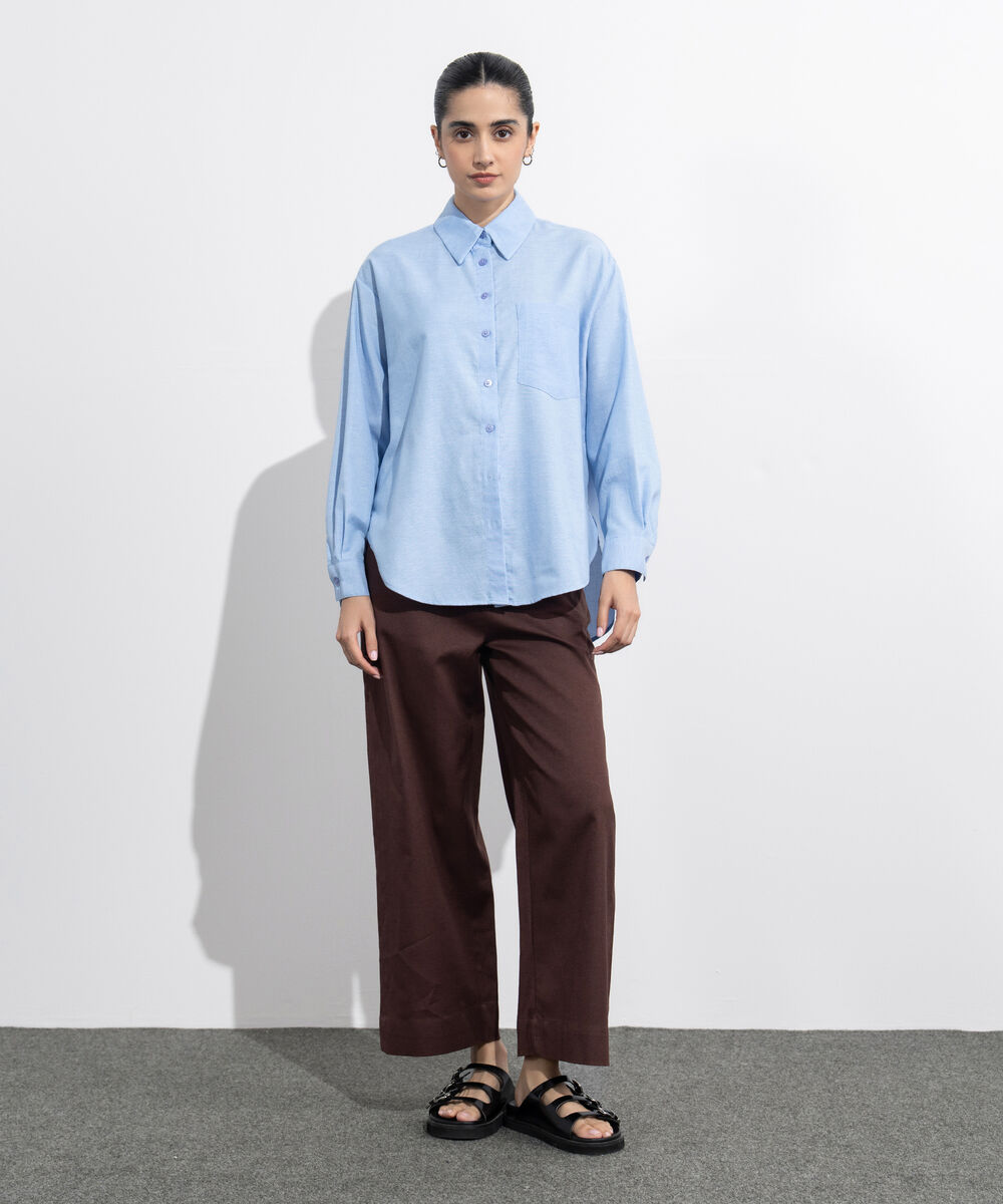 Women's Western Wear Blue Loose-Fit Oxford Shirt