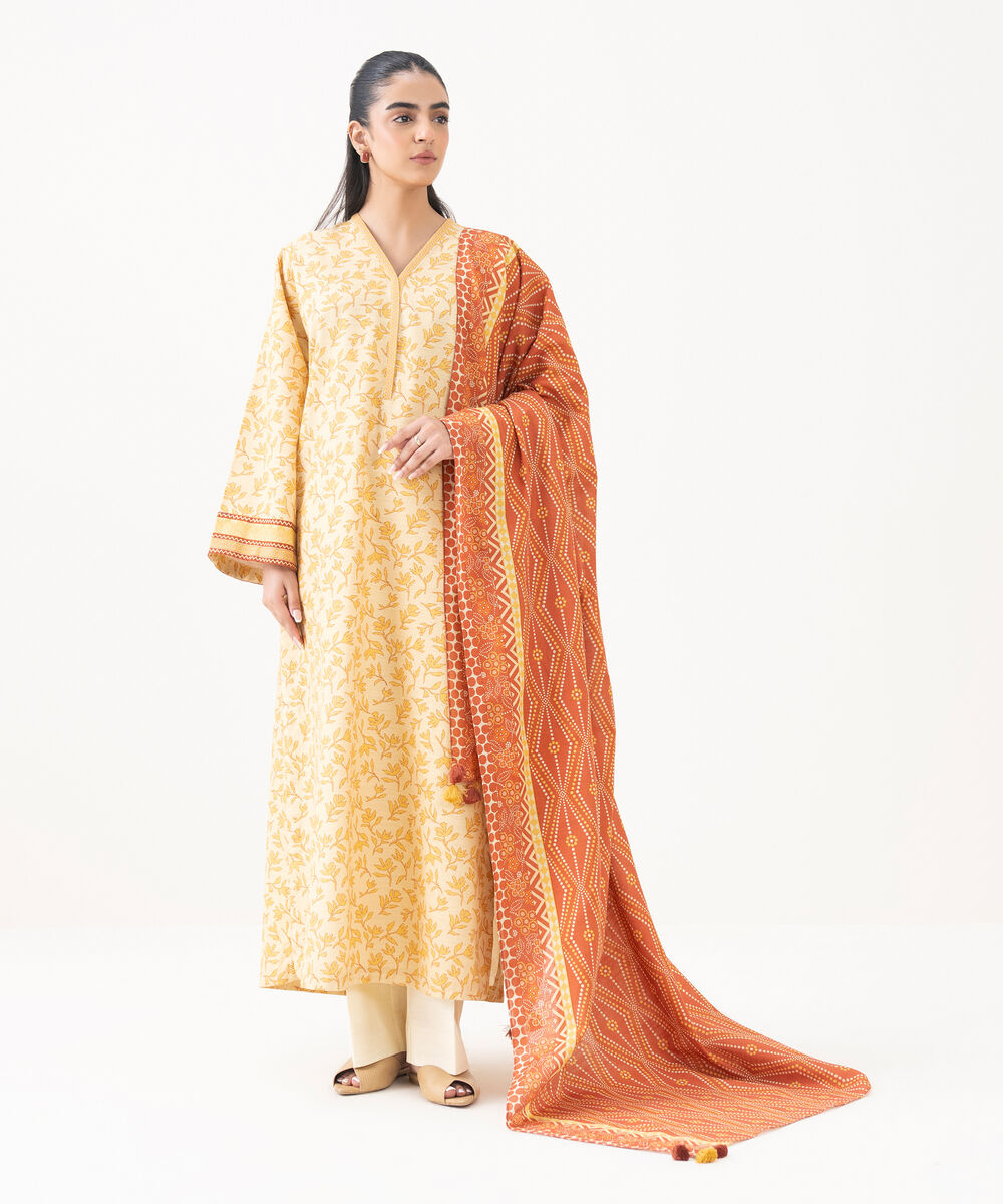 Women's Unstitched Cotton Printed Yellow 2 Piece Suit