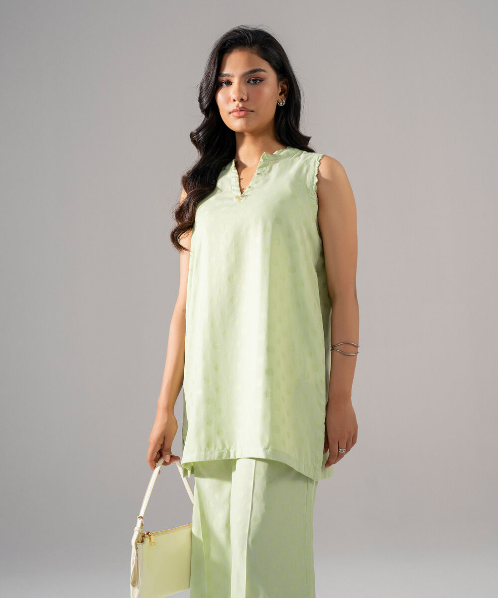 Women's RTW PV Jacquard Solid Mint Green Straight Shirt