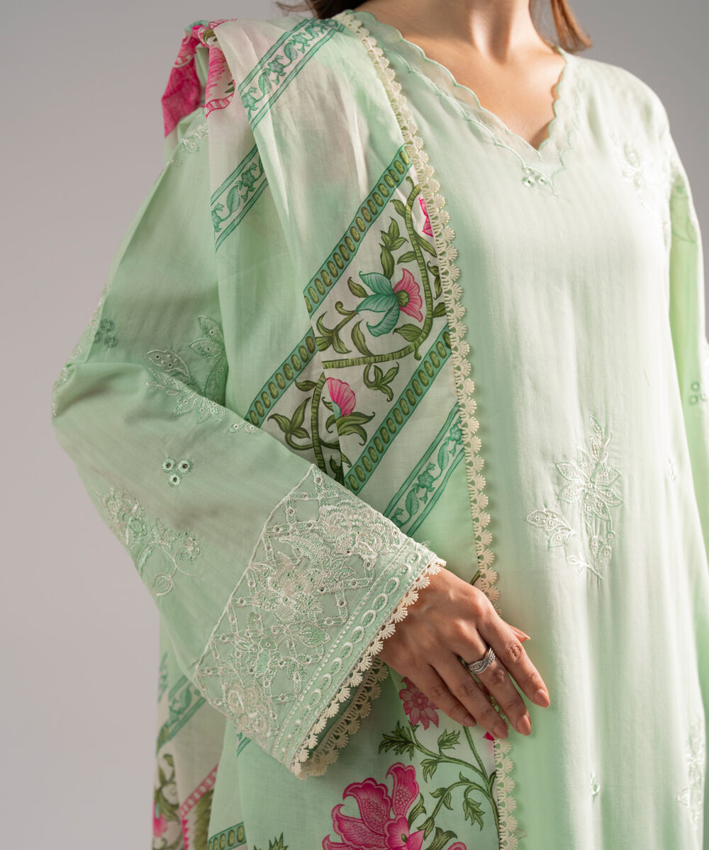 Women's RTW Textured Cotton Embroidered Green 3 Piece Suit