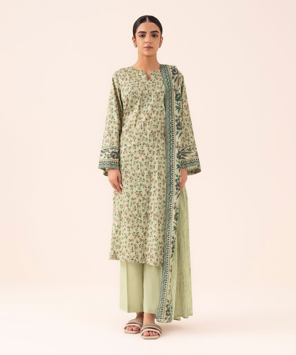 Women's Unstitched Cotton Printed Beige Three Piece Suit