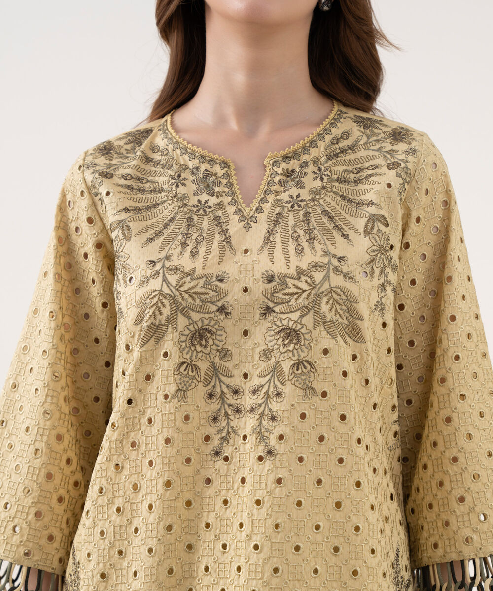 Women's RTW Textured Cotton Embroidered A-Line Off White Shirt