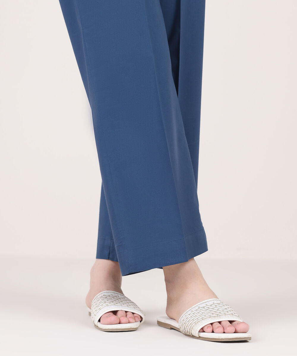 Women's RTW Cambric Blue Solid Straight Pants