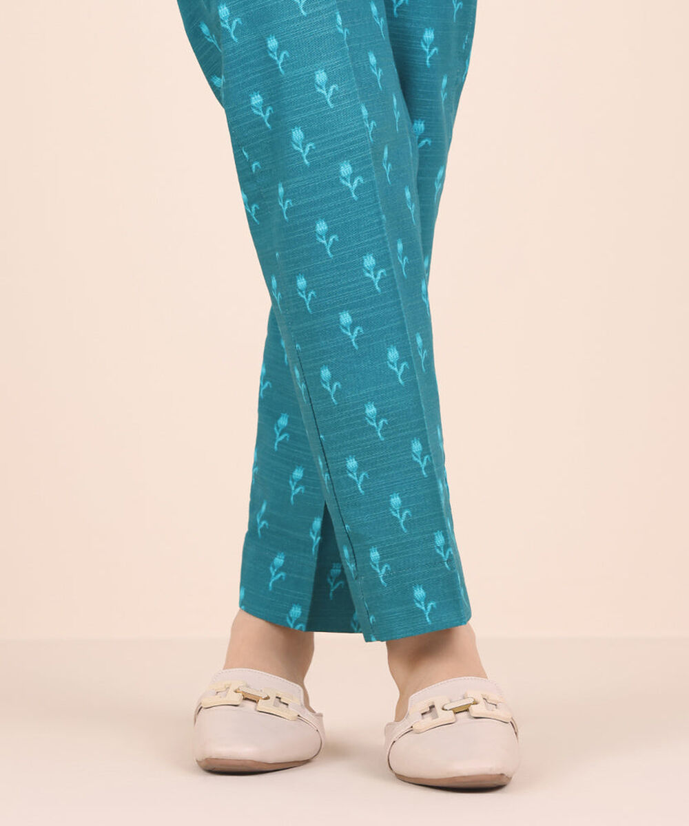 Women's Pret Printed Teal Khaddar Straight Trousers