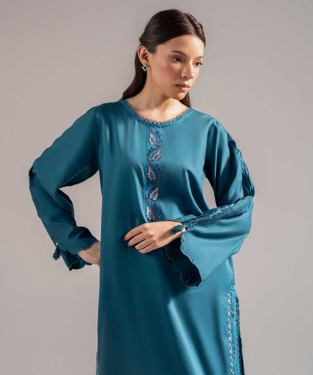 Women's RTW Cotton Satin Embroidered Teal 2 Piece Suit