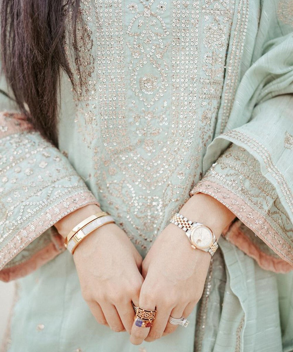 Women's RTW Self Jacquard Leno Embroidered Mint Green A-Line Shirt