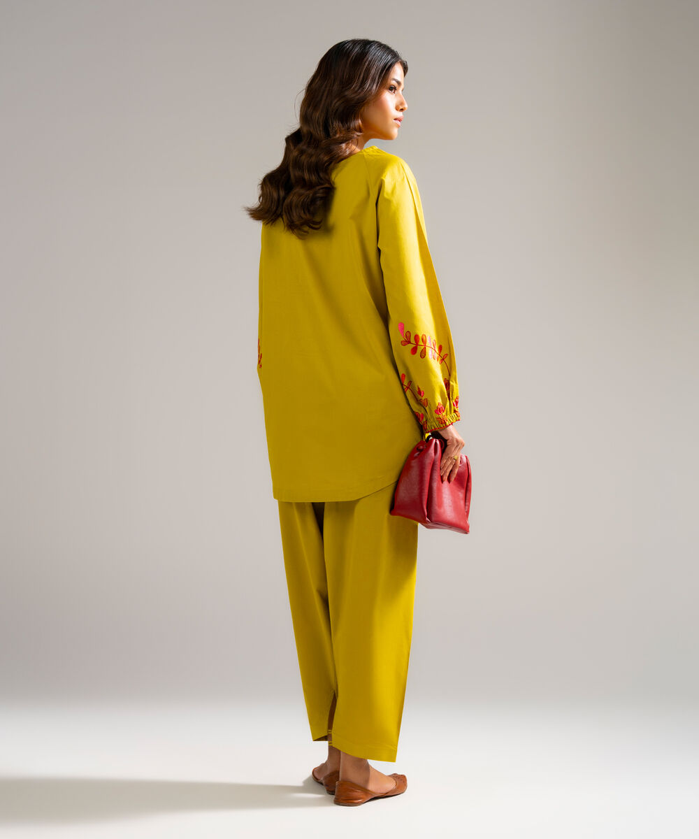 Women's RTW Dobby Embroidered Yellow Straight Shirt