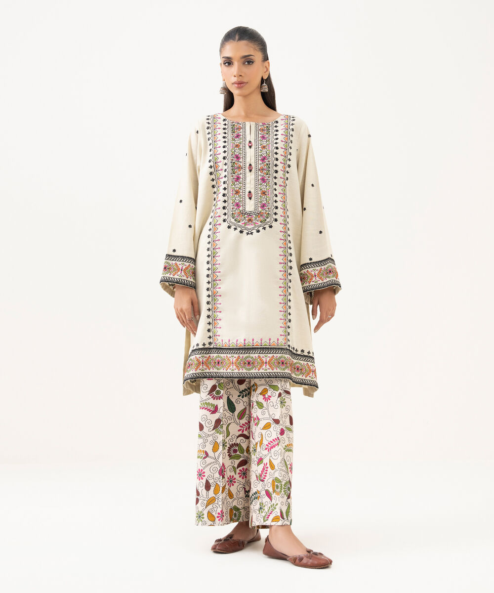 Women's RTW Light Khaddar Embroidered A-Line Off White Shirt
