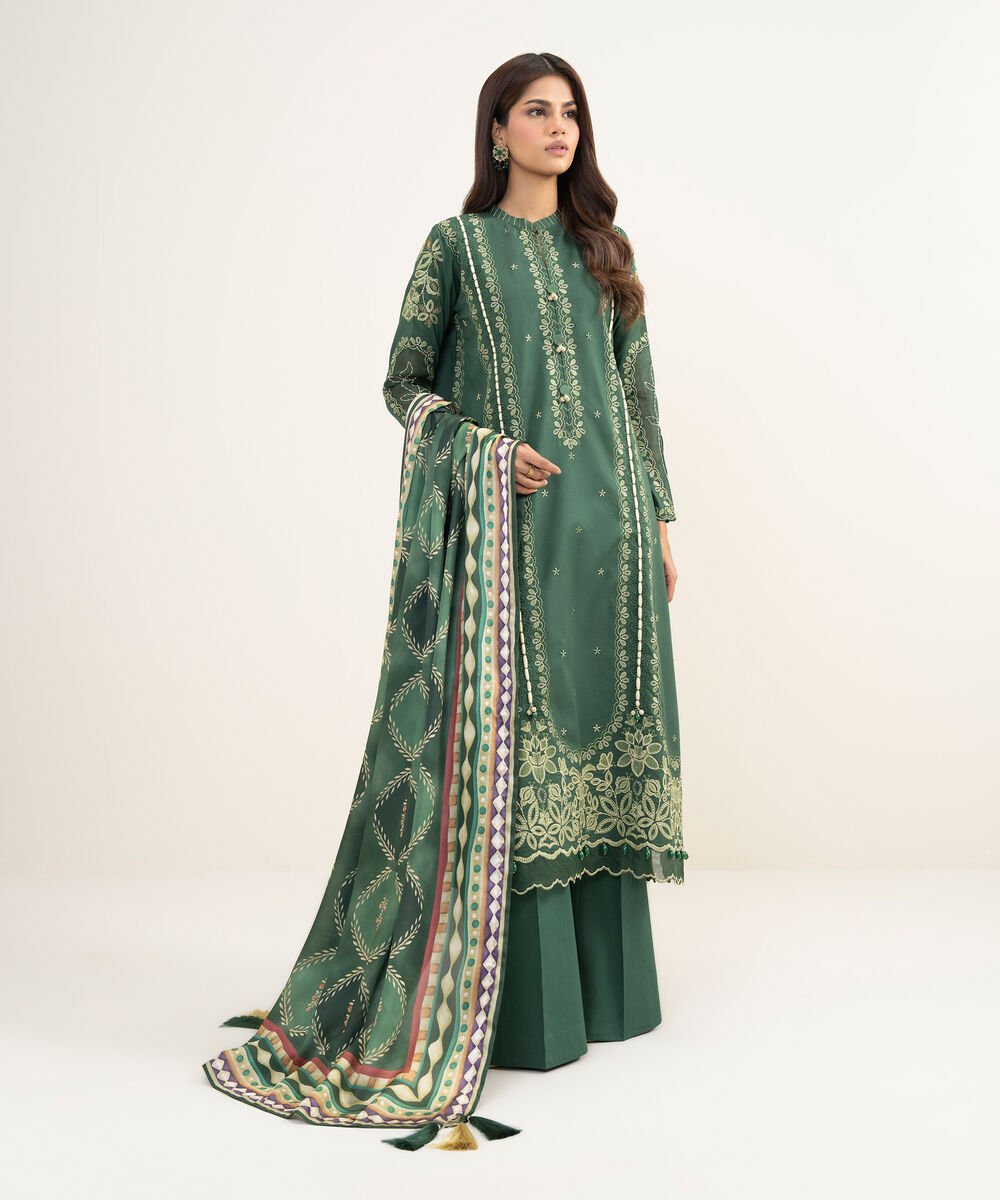 Women's Unstitched Textured Lawn Embroidered Green 3 Piece Suit