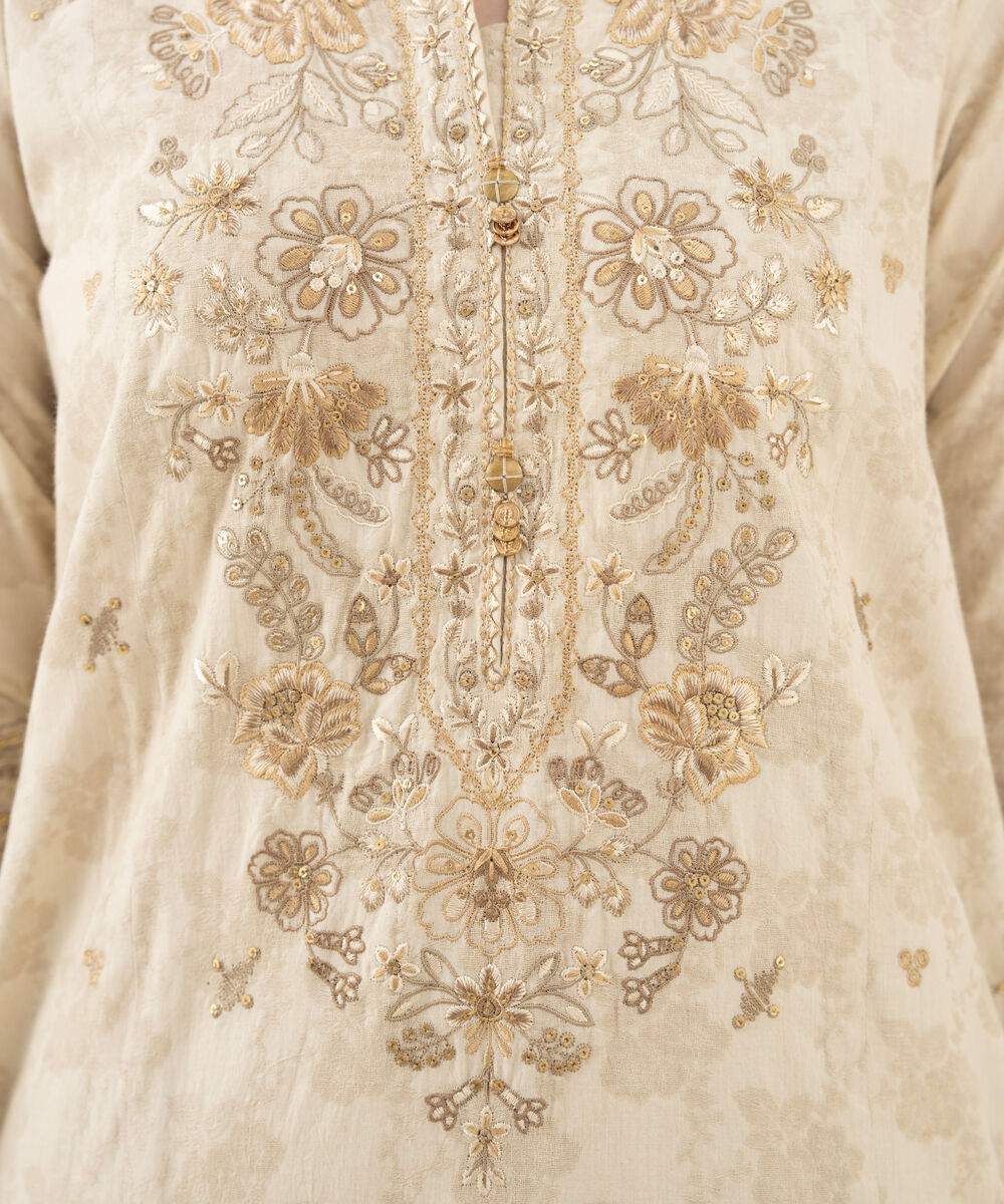 Women's Unstitched Embroidered Cotton Jacquard Beige 3 Piece Suit