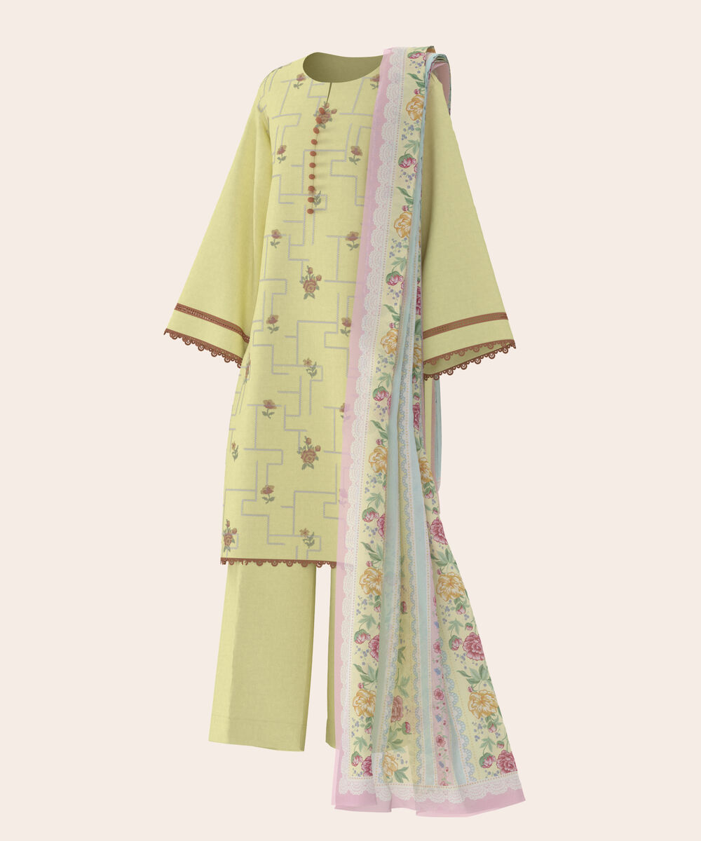 Women's Unstitched Self Jacquard Light Yellow  Embroidered 3 Piece Suit