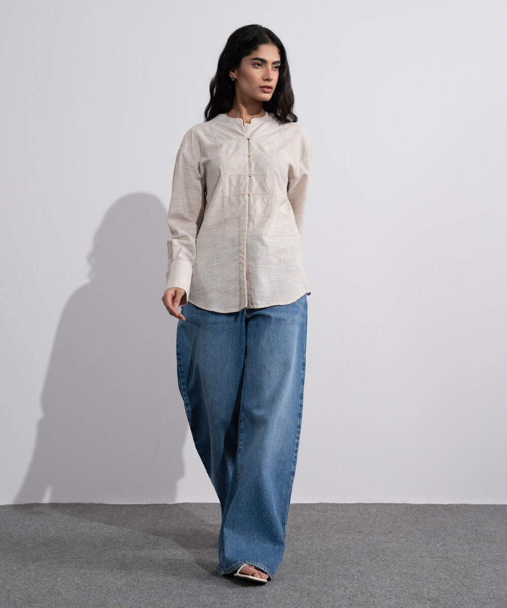 Women's Off White Textured Shirt With Yoke Detail