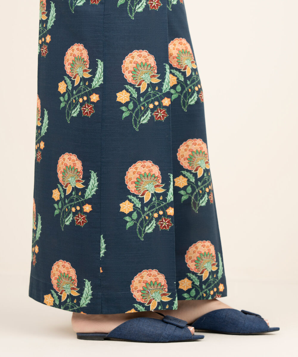 Women's RTW Light Khaddar Blue Printed Flared Pants