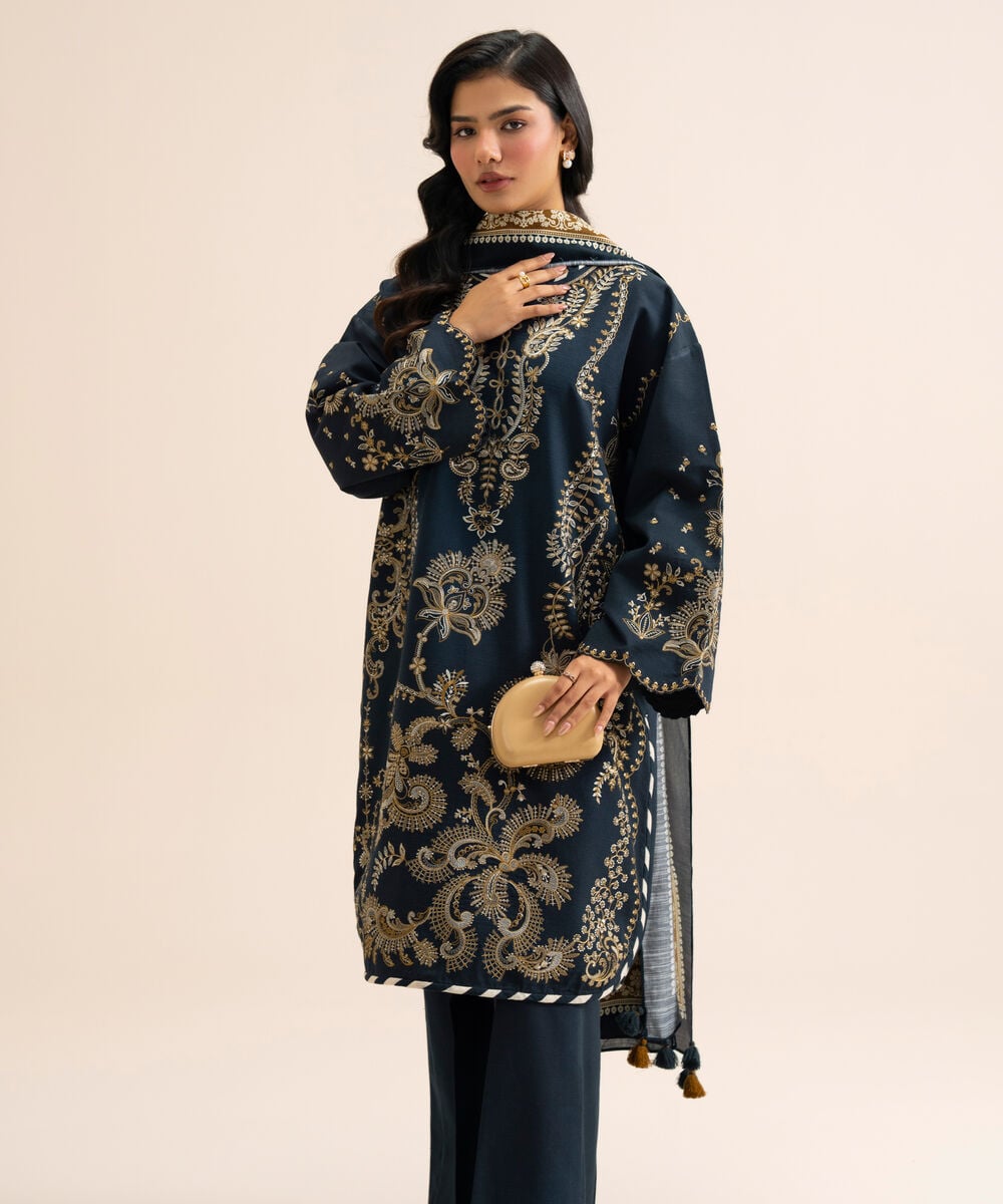 Women's Unstitched Light Khaddar Embroidered Blue 3 Piece Suit