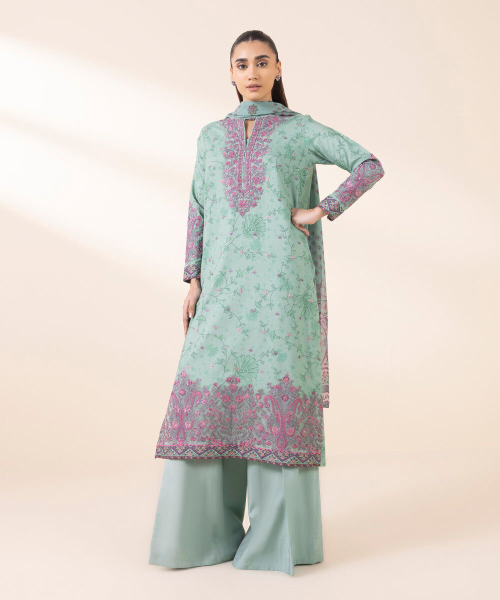 Woman - Blue 3 Piece - Embroidered Linen Suit