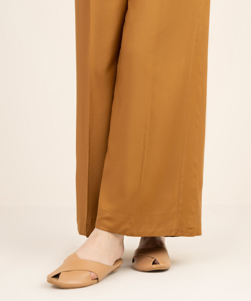 Women's RTW Viscose Linen Solid Brown Flared Pants