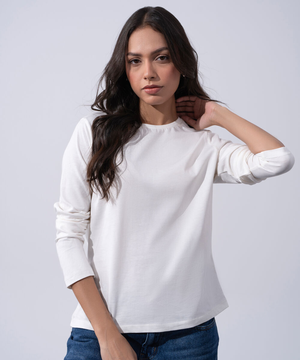 Women's Western Wear White Cotton Full Sleeves Knit T-Shirt