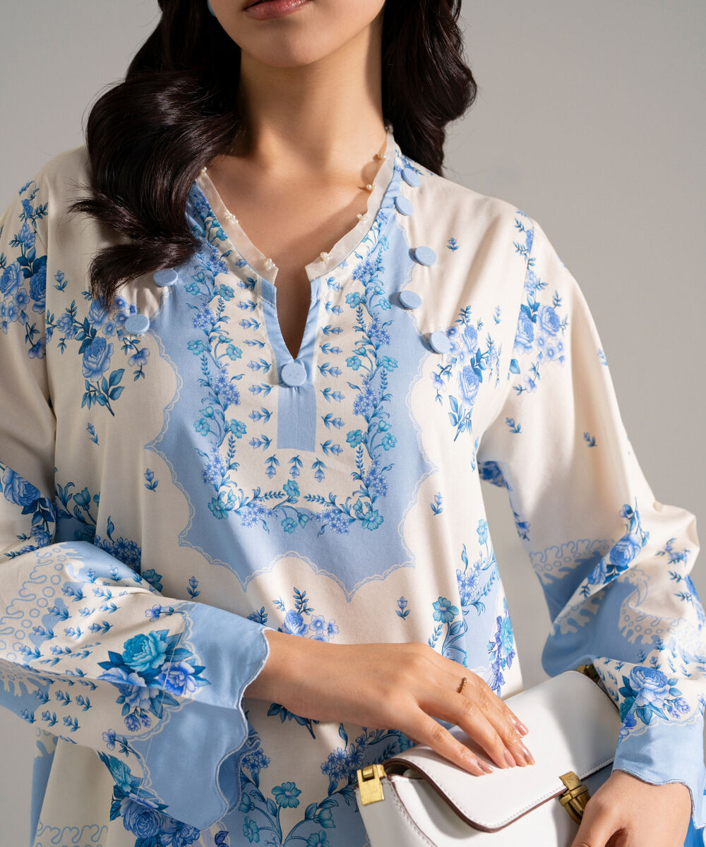 Women's RTW Cotton Viscose Printed White 2 Piece Suit