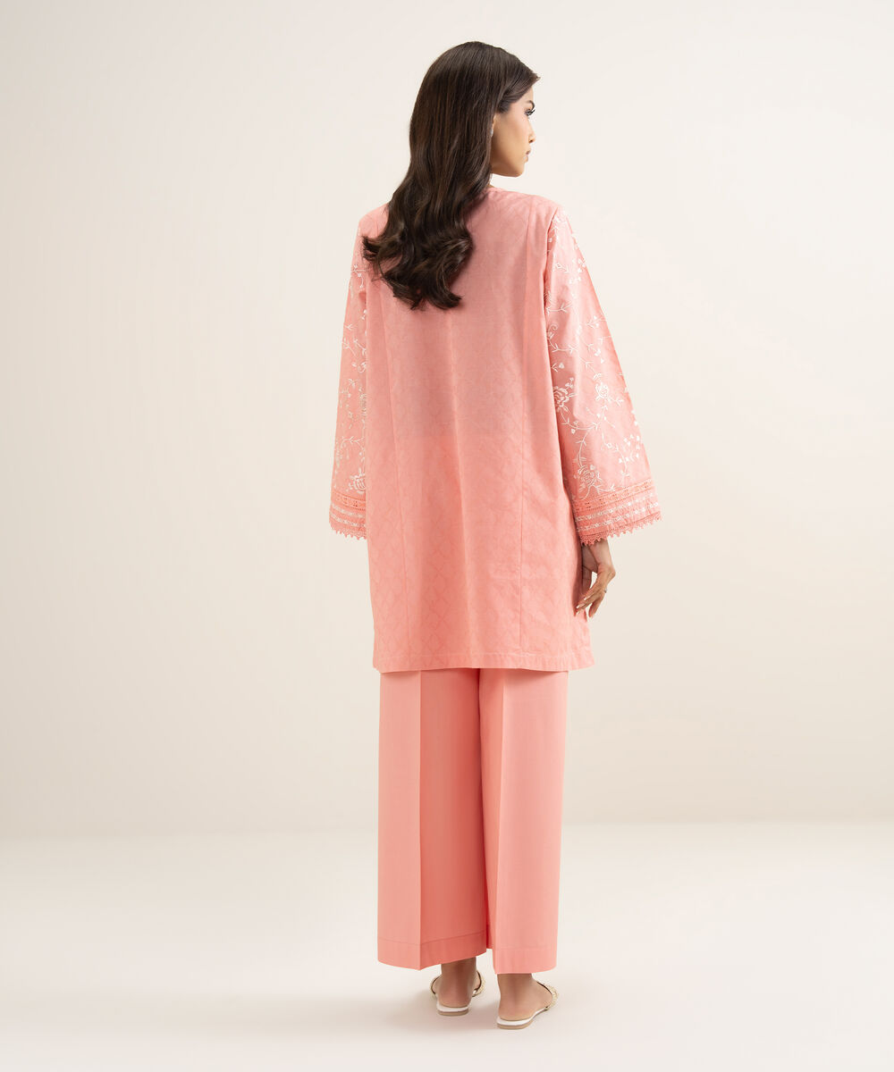 Women's RTW Self Jacquard Embroidered Pink Straight Shirt