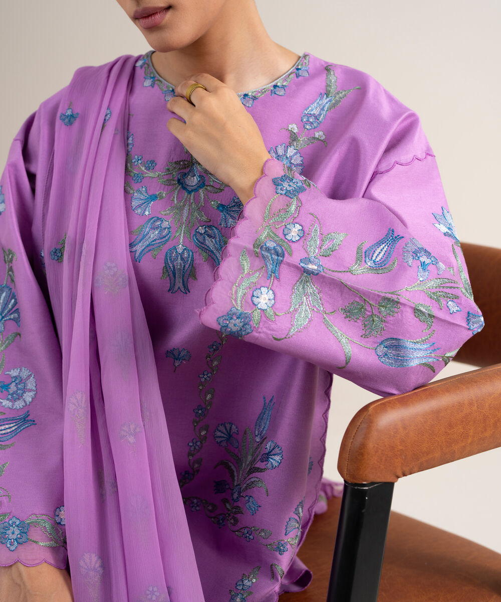 Women's Unstitched Cotton Net Embroidered Purple 3 Piece Suit