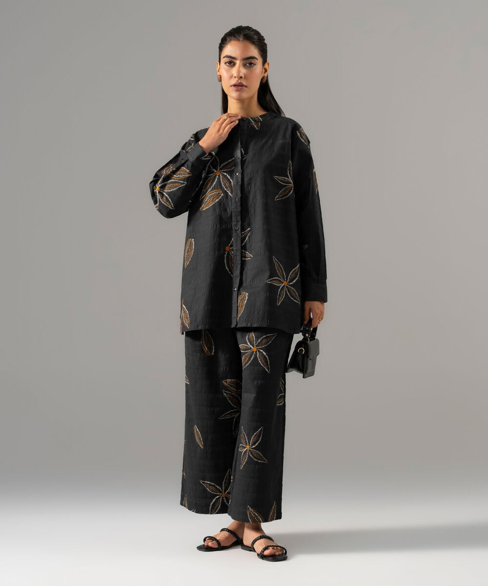 Women's RTW Seersucker Printed Black 2 Piece Suit