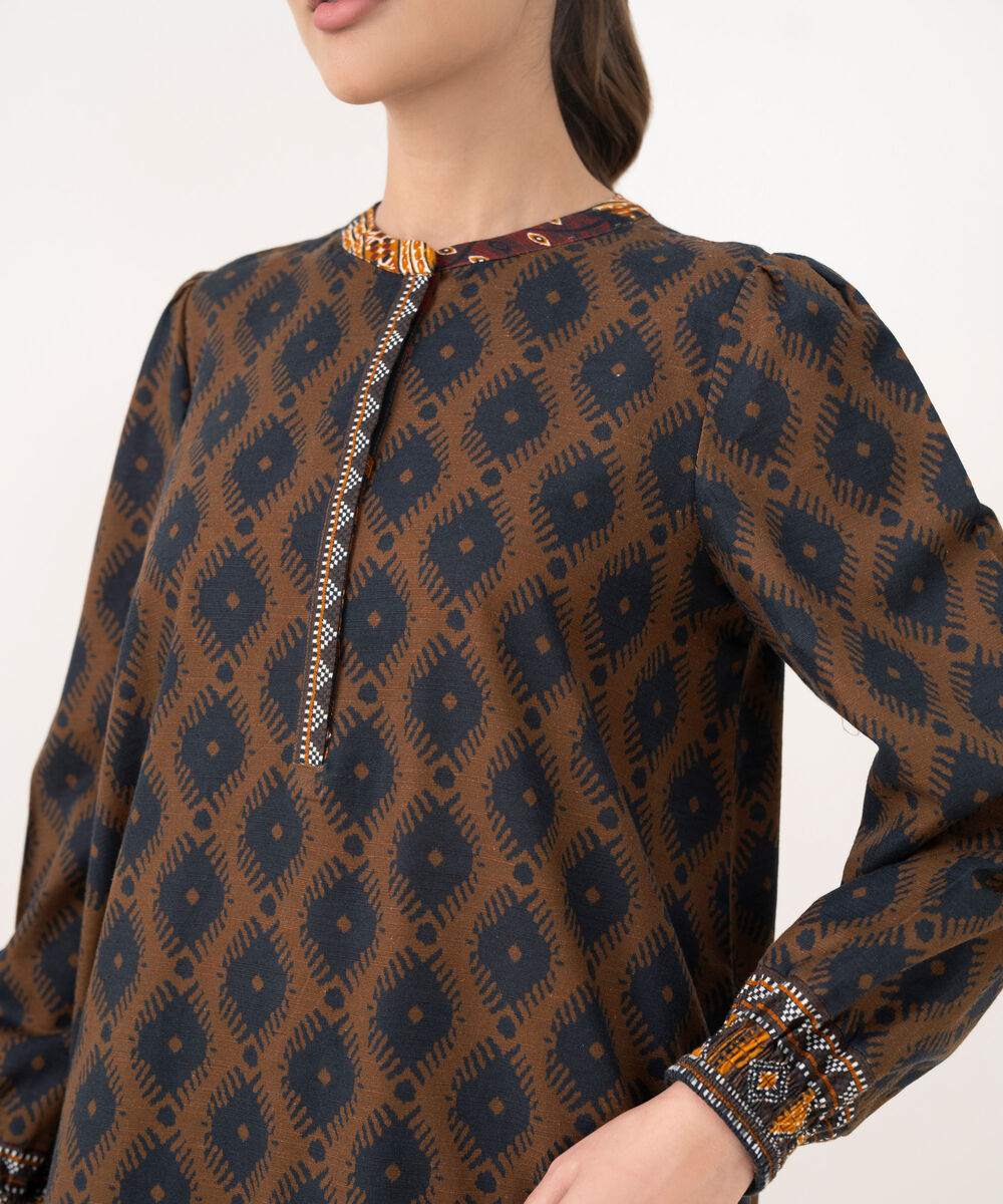 Women's RTW Cotton Printed Brown A-Line Shirt