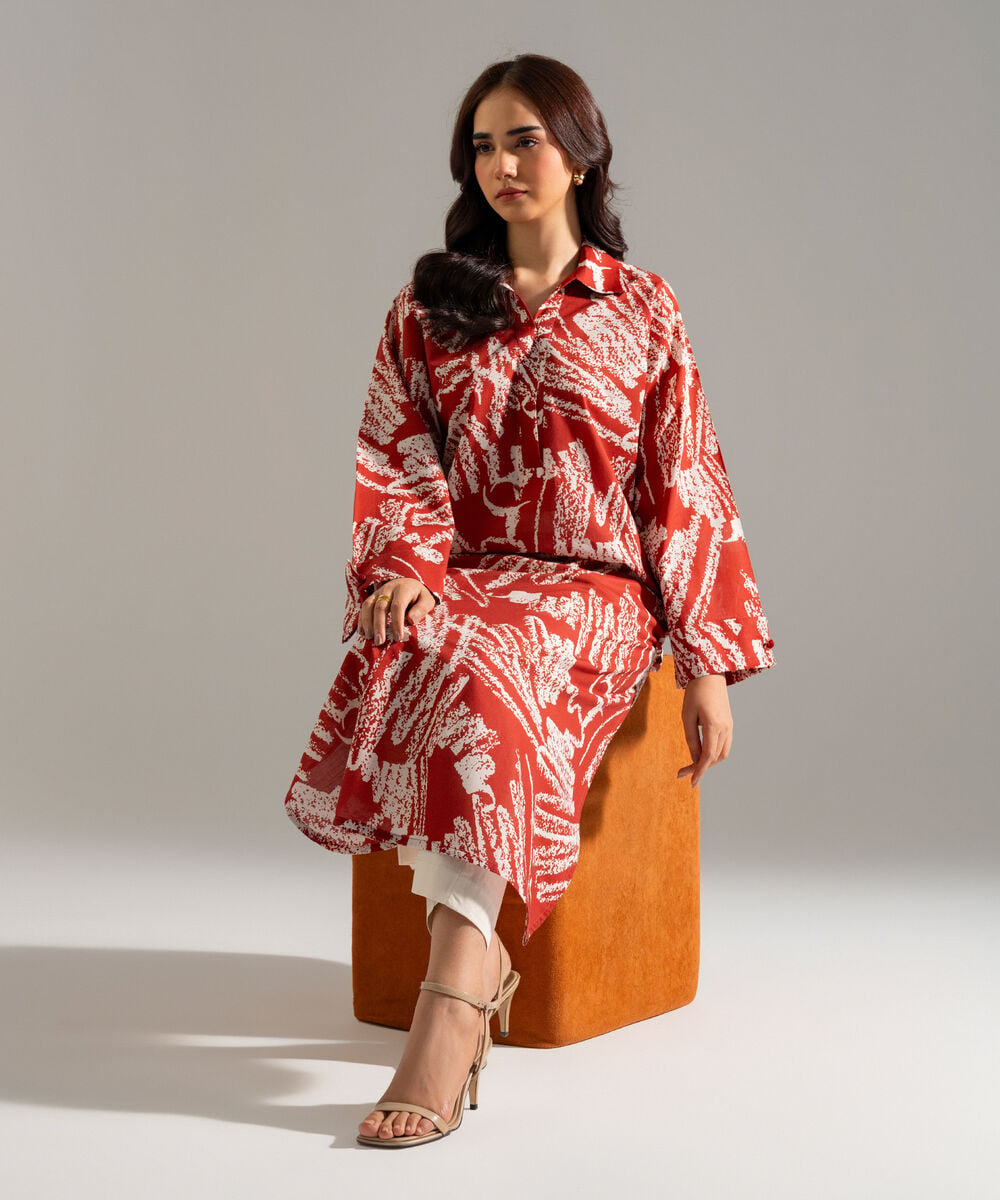 Women's RTW Slub Lawn Printed Red A-Line Shirt