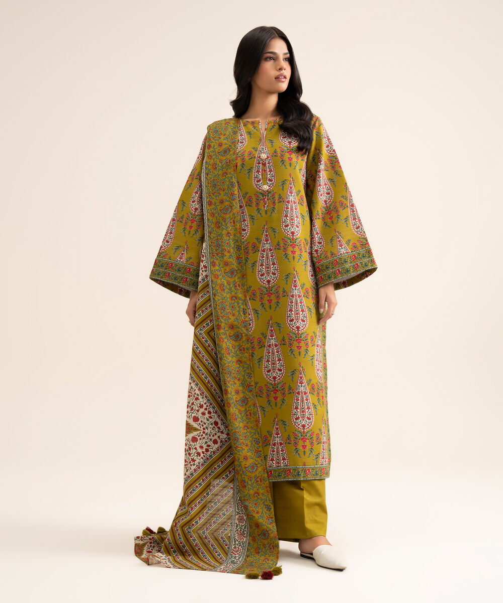 Women's Unstitched Light Khaddar Printed Green 3 Piece Suit